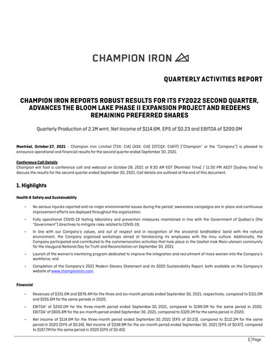 Thumbnail Champion Iron Quarterly Report 2022-q2