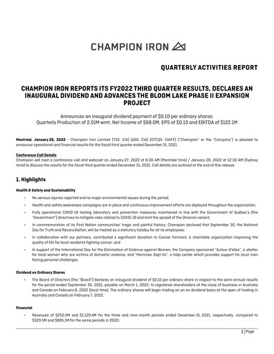 Thumbnail Champion Iron Quarterly Report 2022-q3