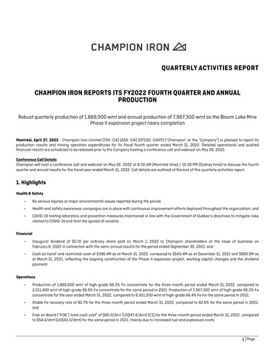 Thumbnail Champion Iron Quarterly Report 2022-q4
