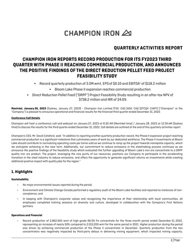 Thumbnail Champion Iron Quarterly Report 2023-q3