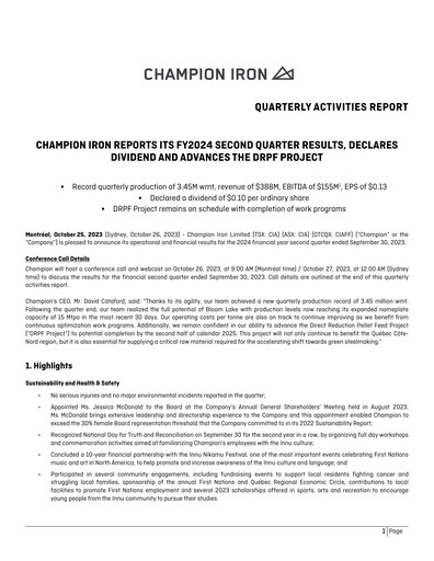 Thumbnail Champion Iron Quarterly Report 2024-q2