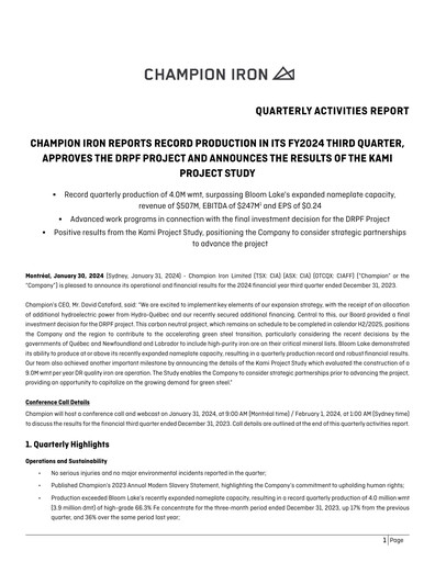 Thumbnail Champion Iron Quarterly Report 2024-q3