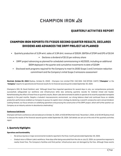 Thumbnail Champion Iron Quarterly Report 2025-q2