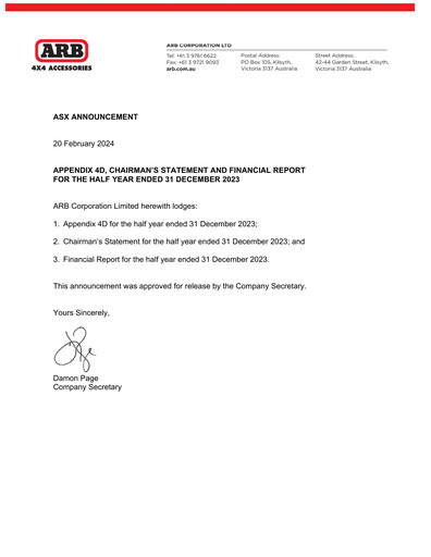 Vorschaubild ARB Corporation Limited Halbjahresbericht 2023-h1