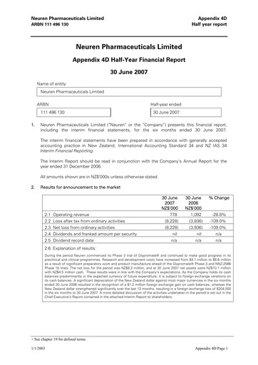Thumbnail Neuren Pharmaceuticals Half-year Report 2007-h1