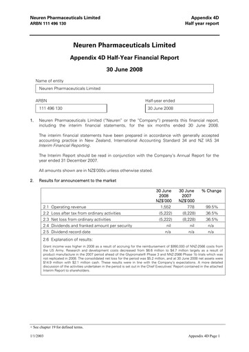 Thumbnail Neuren Pharmaceuticals Half-year Report 2008-h1