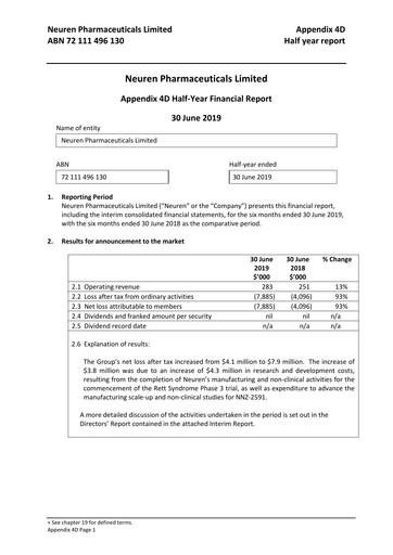 Thumbnail Neuren Pharmaceuticals Half-year Report 2019-h1