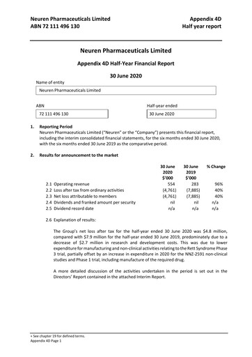 Thumbnail Neuren Pharmaceuticals Half-year Report 2020-h1