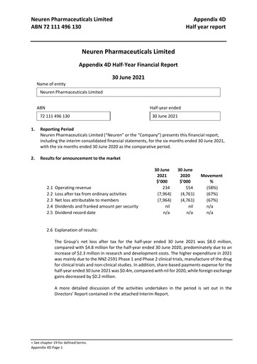 Thumbnail Neuren Pharmaceuticals Half-year Report 2021-h1