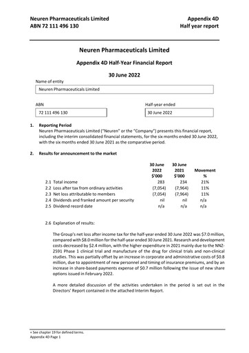 Thumbnail Neuren Pharmaceuticals Half-year Report 2022-h1