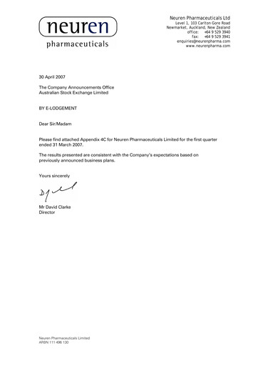 Thumbnail Neuren Pharmaceuticals Quarterly Report 2007-q1