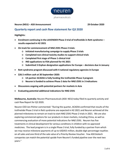Thumbnail Neuren Pharmaceuticals Quarterly Report 2020-q3