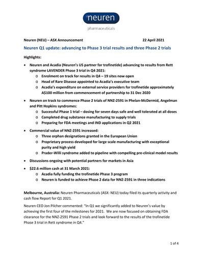 Thumbnail Neuren Pharmaceuticals Quarterly Report 2021-q1