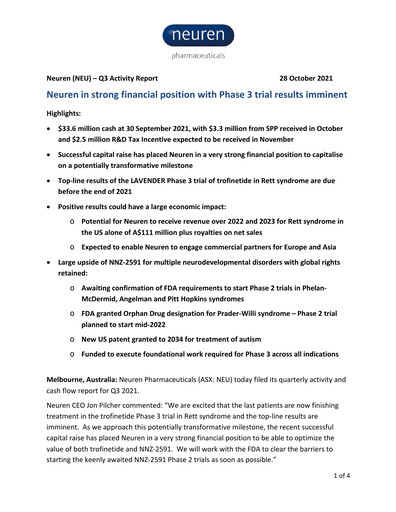 Thumbnail Neuren Pharmaceuticals Quarterly Report 2021-q3
