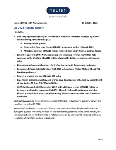 Thumbnail Neuren Pharmaceuticals Quarterly Report 2022-q3