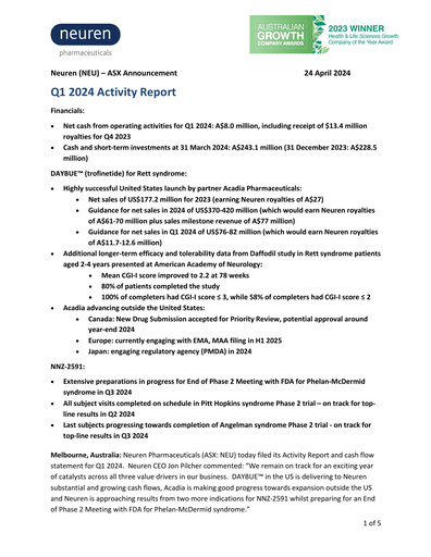 Thumbnail Neuren Pharmaceuticals Quarterly Report 2024-q1