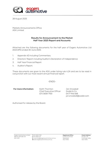 Thumbnail Eagers Automotive Limited Half-year Report 2025-h1