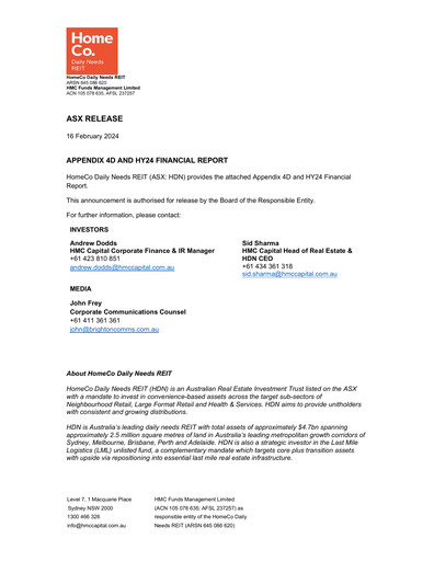Thumbnail HomeCo Daily Needs REIT Half-year Report 2023-h1