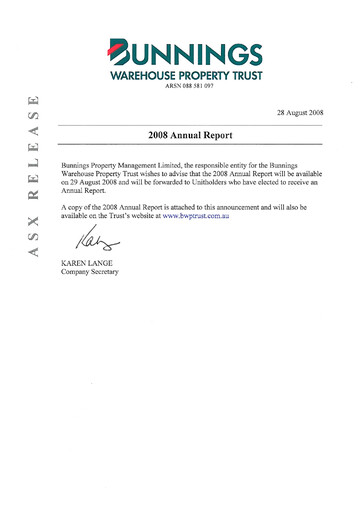 Thumbnail BWP Trust Annual Report 2008