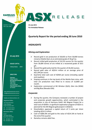 Vorschaubild Ramelius Resources Quartalsbericht 2010-q4