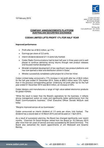 Miniature Codan Limited Rapport semestriel 2015-h1