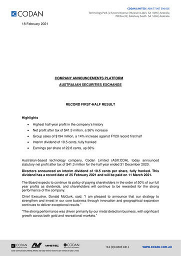 Miniature Codan Limited Rapport semestriel 2021-h1