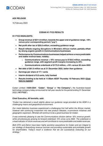 Miniature Codan Limited Rapport semestriel 2023-h1
