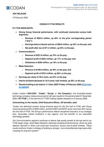 Miniature Codan Limited Rapport semestriel 2026-h1