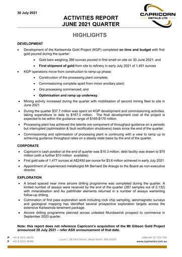 Thumbnail Capricorn Metals Quarterly Report 2020-2021-q4