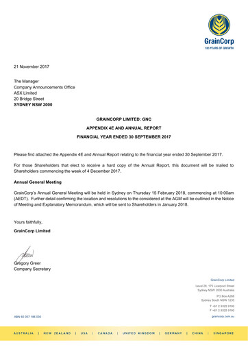 Vorschaubild GrainCorp Jahresbericht 2017