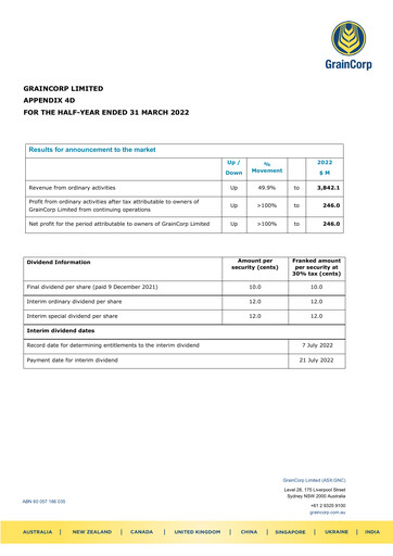 Thumbnail GrainCorp Financial Report 2022-h1