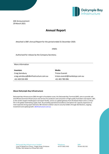 Thumbnail Dalrymple Bay Infrastructure Annual Report 2020