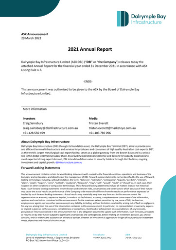 Thumbnail Dalrymple Bay Infrastructure Annual Report 2021