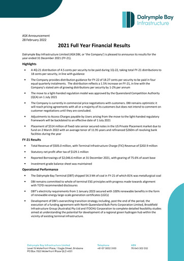 Thumbnail Dalrymple Bay Infrastructure Financial Report 2021