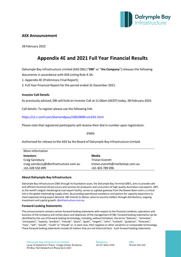 Thumbnail Dalrymple Bay Infrastructure Financial Statement 2021