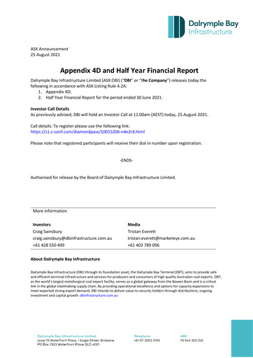 Thumbnail Dalrymple Bay Infrastructure Half-year Report 2021-h1