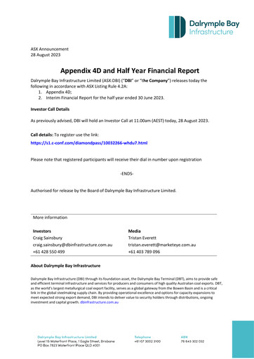 Thumbnail Dalrymple Bay Infrastructure Half-year Report 2023-h1