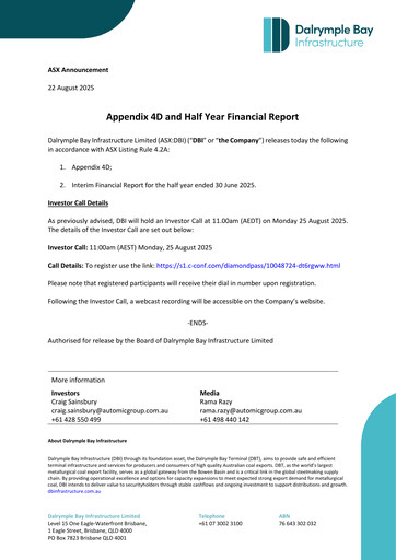 Thumbnail Dalrymple Bay Infrastructure Half-year Report 2025-h1