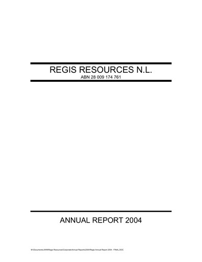 Thumbnail Regis Resources Annual Report 2004