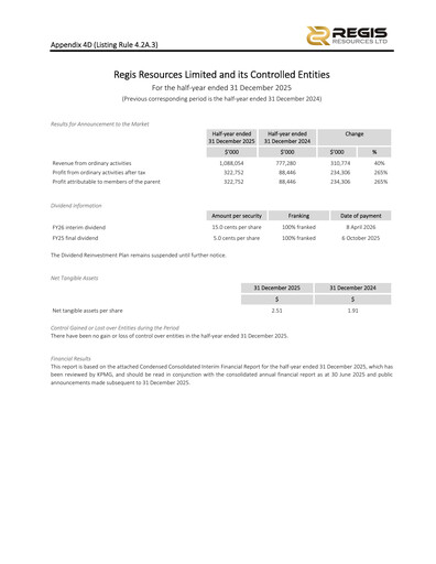 Thumbnail Regis Resources Half-year Report 2026-h1