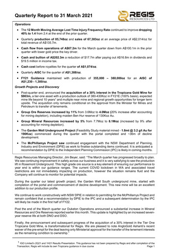 Thumbnail Regis Resources Quarterly Report 2021-q1