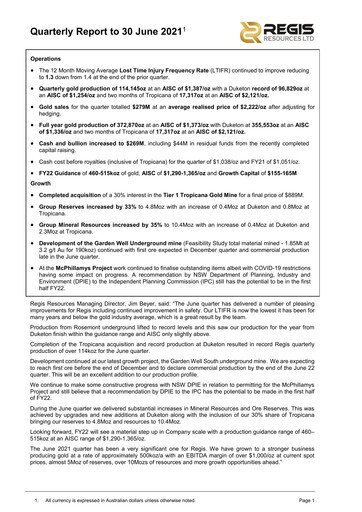 Thumbnail Regis Resources Quarterly Report 2021-q2