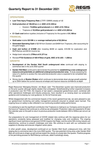 Thumbnail Regis Resources Quarterly Report 2021-q4