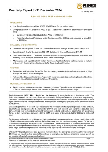Thumbnail Regis Resources Quarterly Report 2024-q4