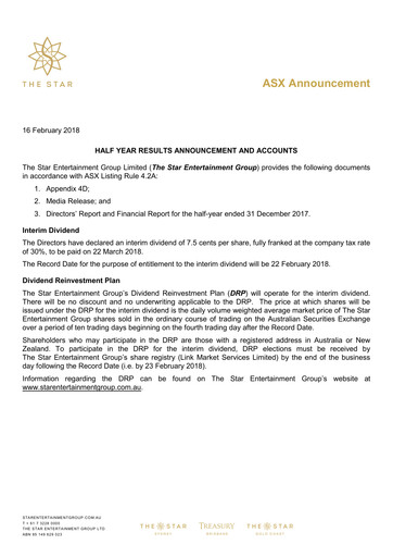 Thumbnail The Star Entertainment Group Financial Report 2018-h1