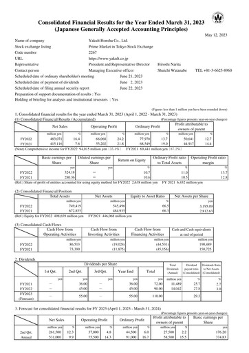 Thumbnail Yakult Financial Statement fy2022