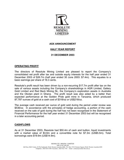 Thumbnail Resolute Mining Half-year Report 2003-h2
