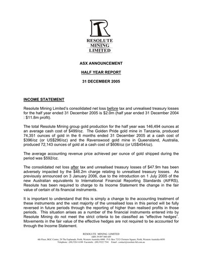 Thumbnail Resolute Mining Half-year Report 2005-h2