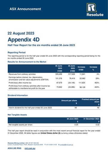Thumbnail Resolute Mining Half-year Report 2023-h1