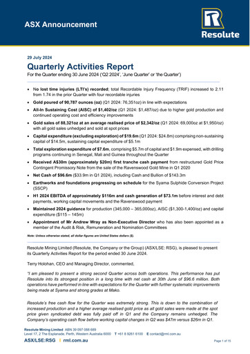Miniature Resolute Mining Rapport trimestriel 2024-q2